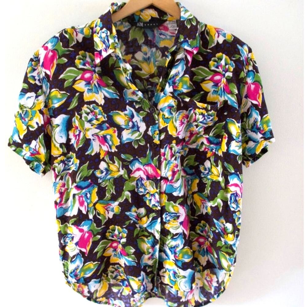 Vintage 80s Floral Camp Shirt Large Button Up Tropical Resortwear Dopamine Retro
